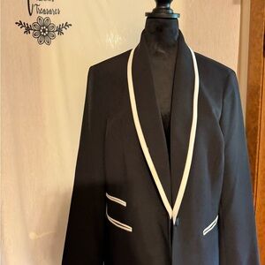 Women’s Black Shawl Color Blazer with White accent trim and button front Size 14